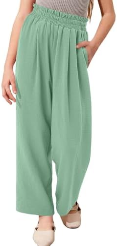 Girls High Elastic Smocked Pants Trendy Casual Flowy Jeans 4-14 Years