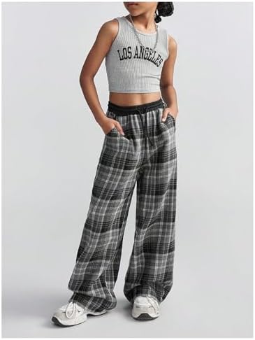 Wide-Leg Plaid Print Pants for Girls - Chic comfy for weekends