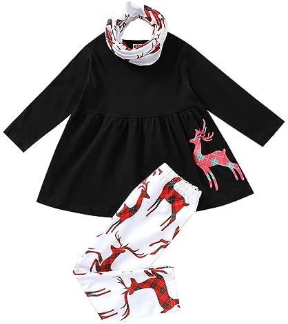 6 Set Toddler Girls Christmas Deer Print Outfit with Scarf
