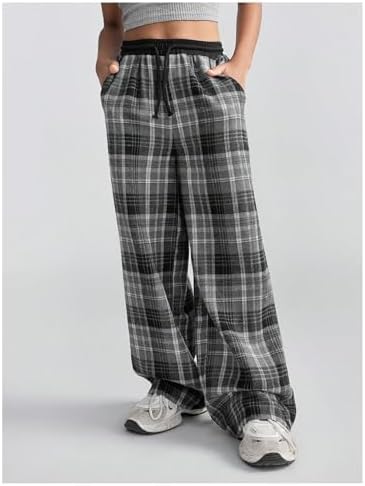 Wide-Leg Plaid Print Pants for Girls - Chic comfy for weekends
