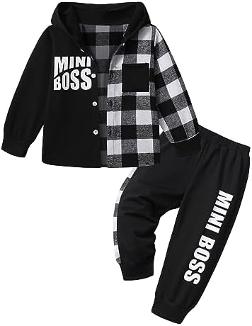 Qaoerde Toddler Boy Plaid Button Down Hoodie Mini Boss Conversational Pajamas