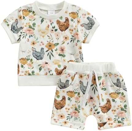 Chloefairy Toddler Boy Girl Farm Outfit Cute Flower Chicken Printed Set