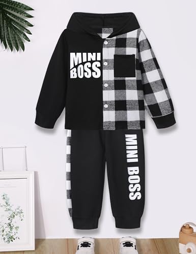 Qaoerde Toddler Boy Plaid Button Down Hoodie Mini Boss Conversational Pajamas