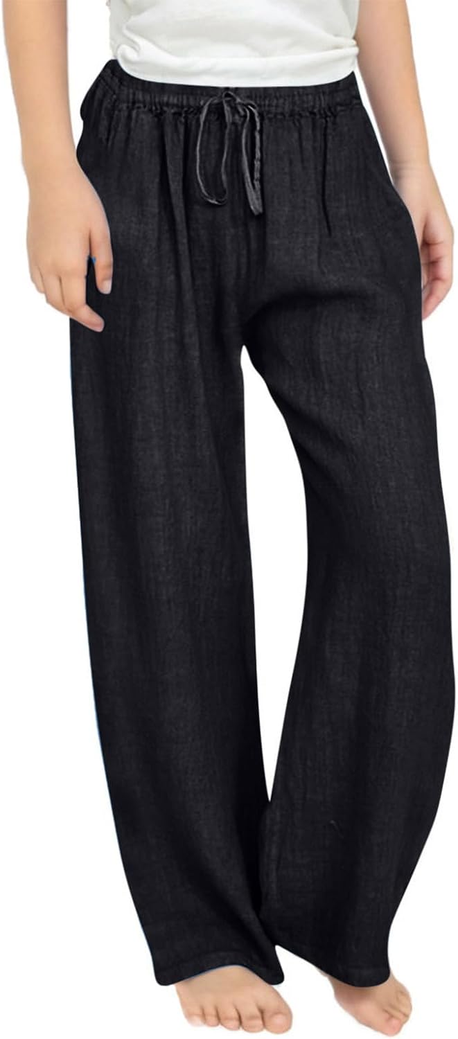 Girls Summer Wide Leg Cotton Linen Drawstring Pants