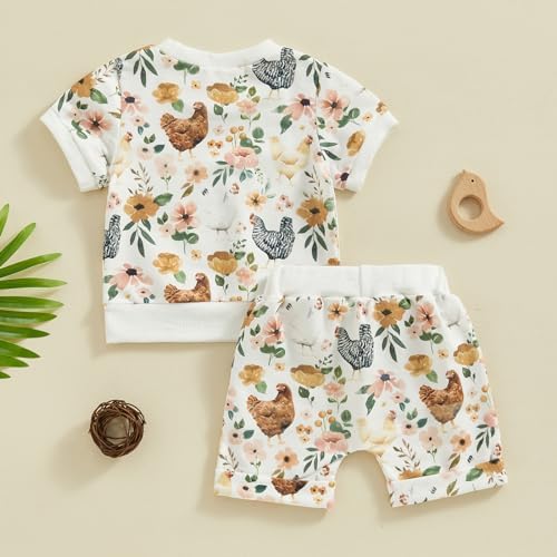 Chloefairy Toddler Boy Girl Farm Outfit Cute Flower Chicken Printed Set