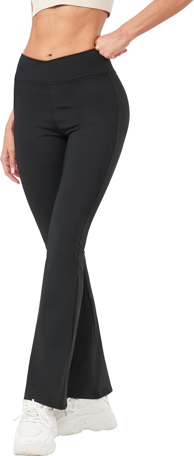 Girls Flare Leggings Black Pink Crossover High Waisted Workout Yoga Pants