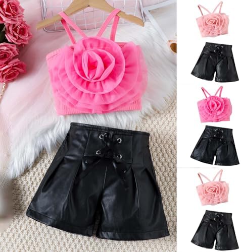 Girls 3D Flower Halter Tank Top Pleated Set for 1-6 Years
