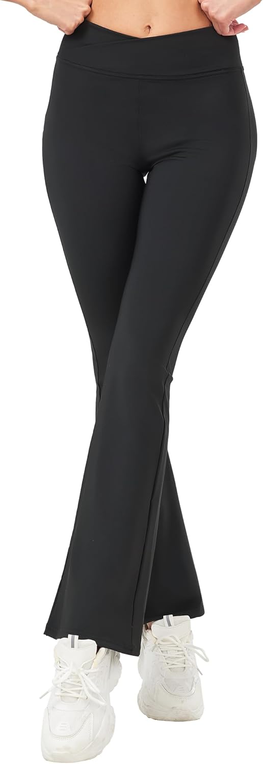 Girls Flare Leggings Black Pink Crossover High Waisted Workout Yoga Pants