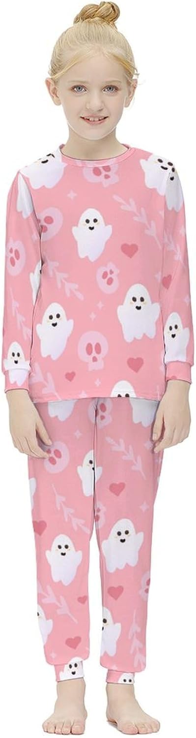 Girls Halloween-Themed Thermal Set Cute Pink Ghost Long Johns Top Set