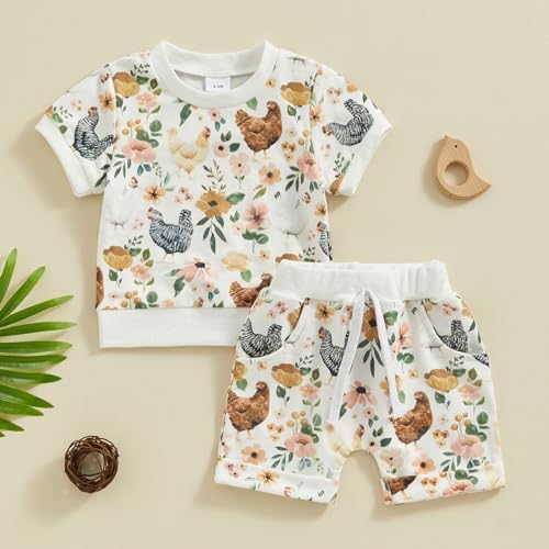Chloefairy Toddler Boy Girl Farm Outfit Cute Flower Chicken Printed Set
