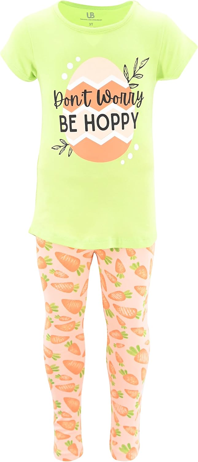 Unique Baby 2 Piece Girls Printed Leggings Outfit with Short Sleeve Shirt