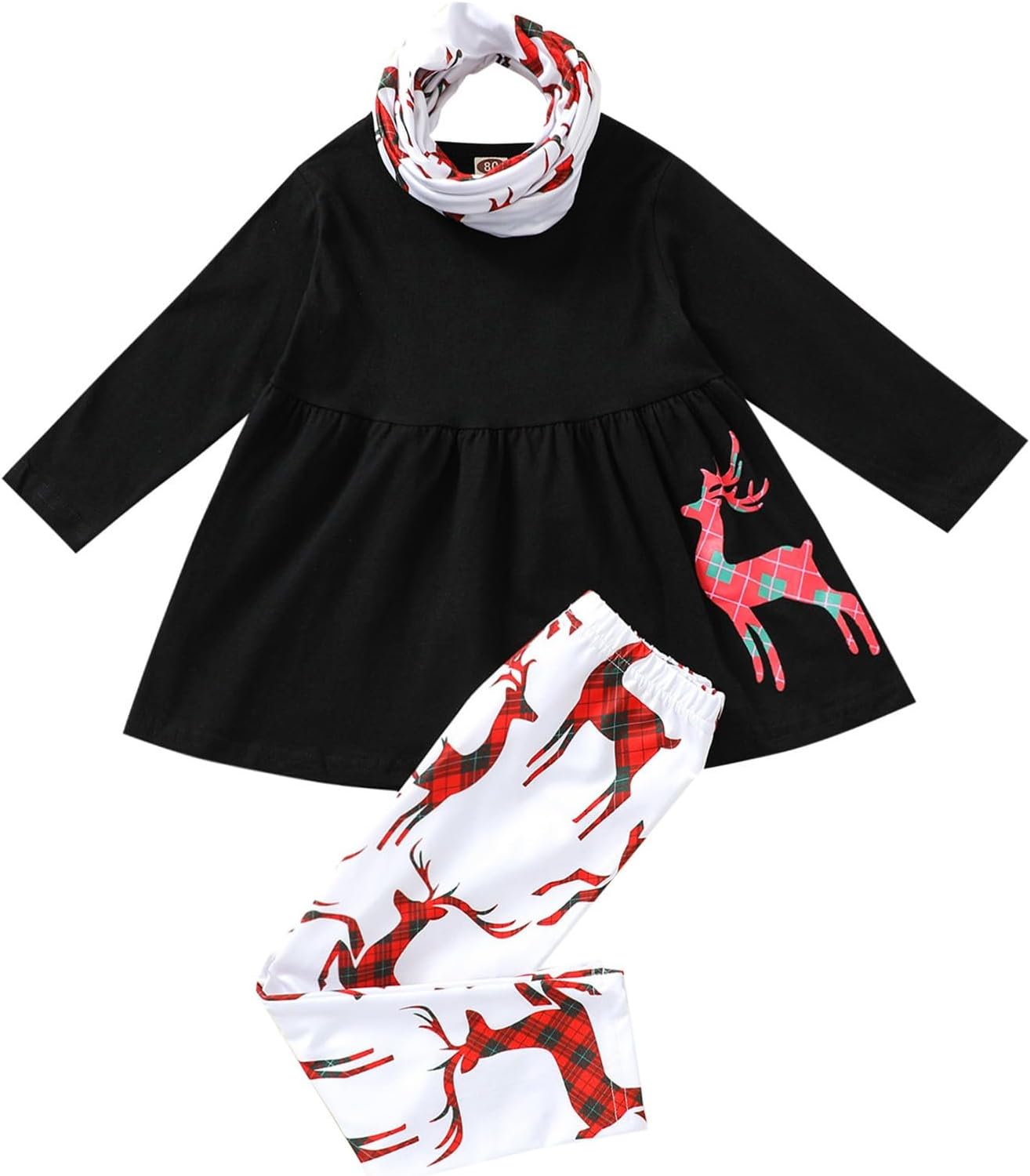 6 Set Toddler Girls Christmas Deer Print Outfit with Scarf