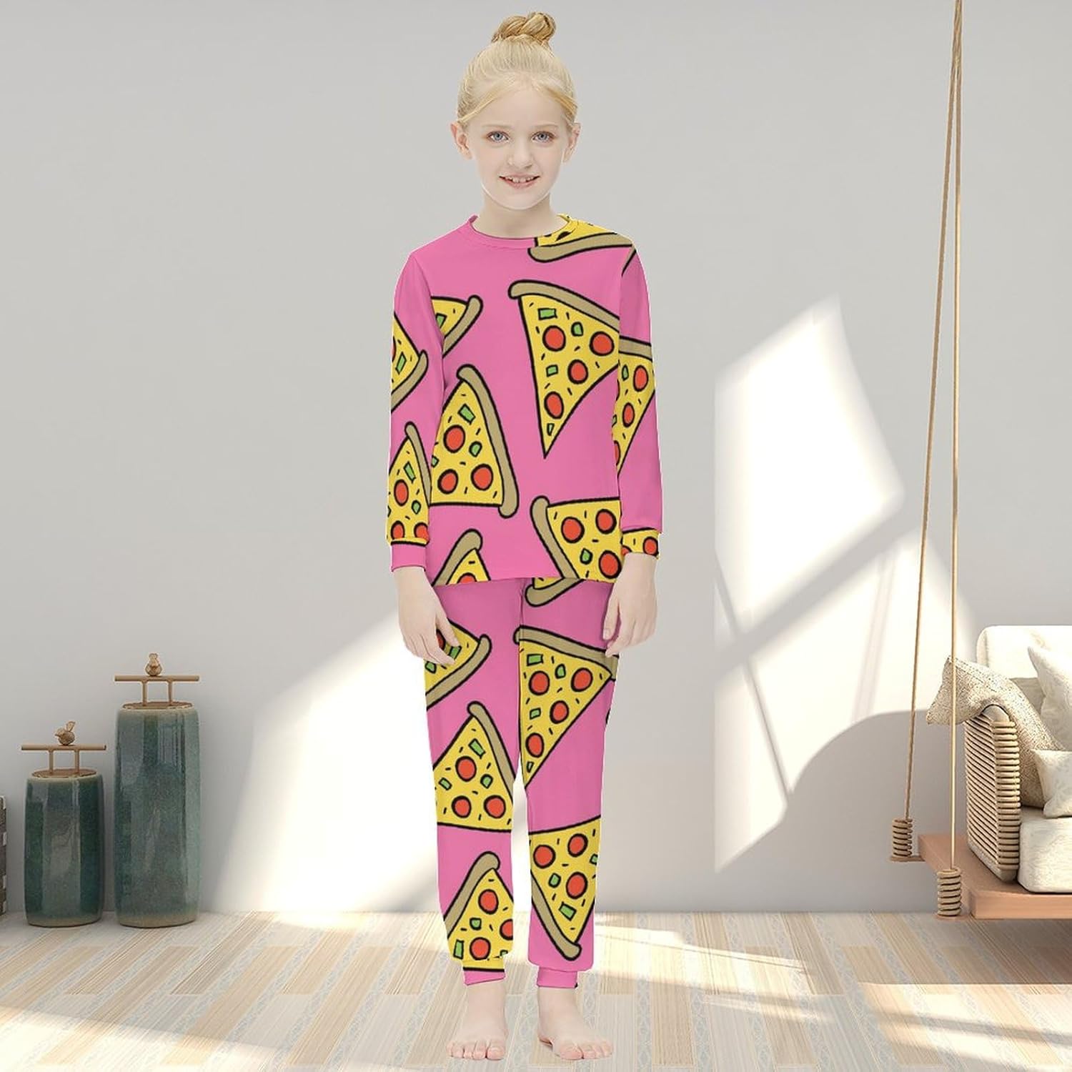 MEIKKO Girls Pizza Slice Drawing Long Sleeve Shirt Base Layer Bottoms Set