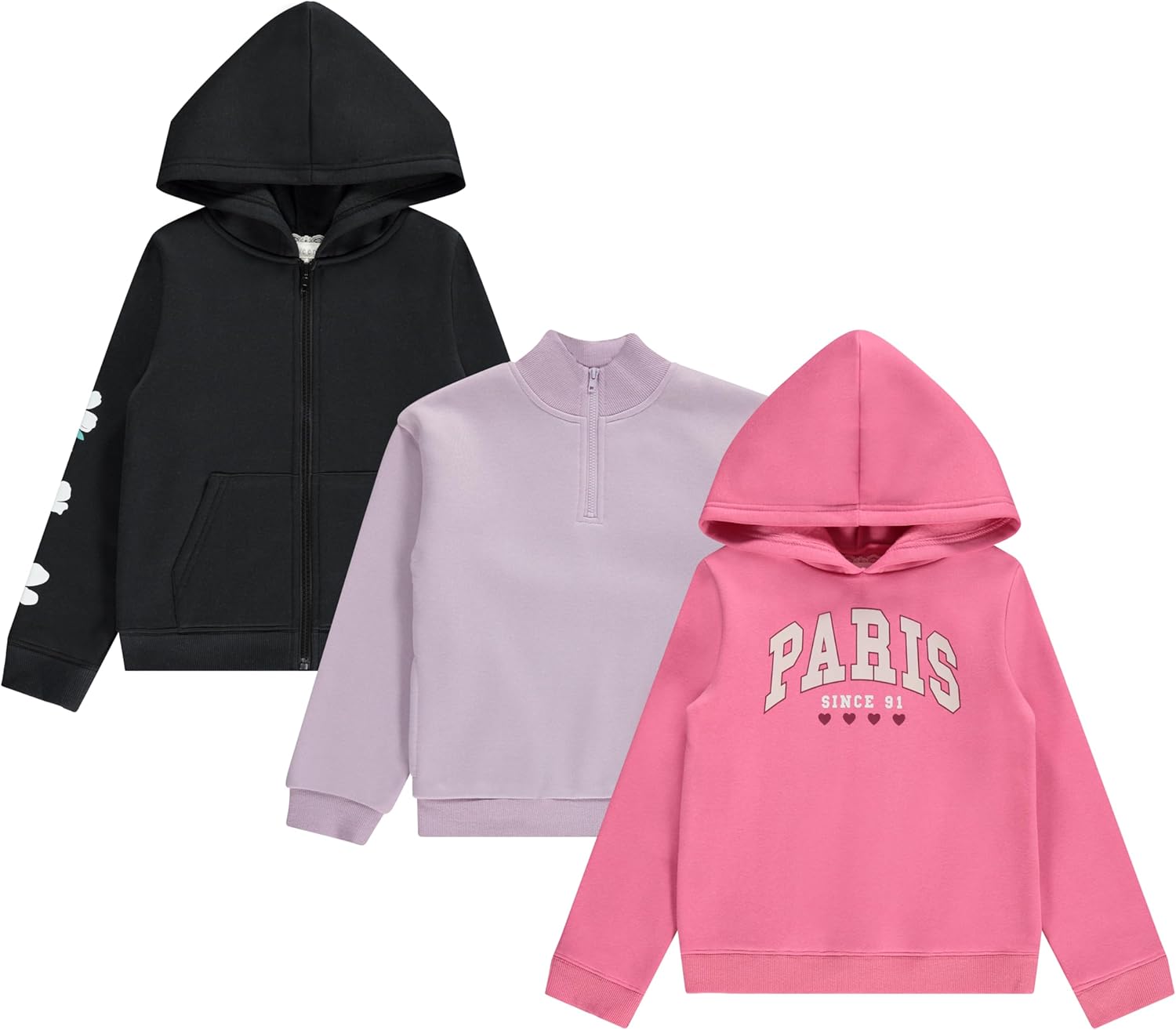 BTween Girls Hoodie Sweatshirt Set - Pack of 3 with Full and Half Zips