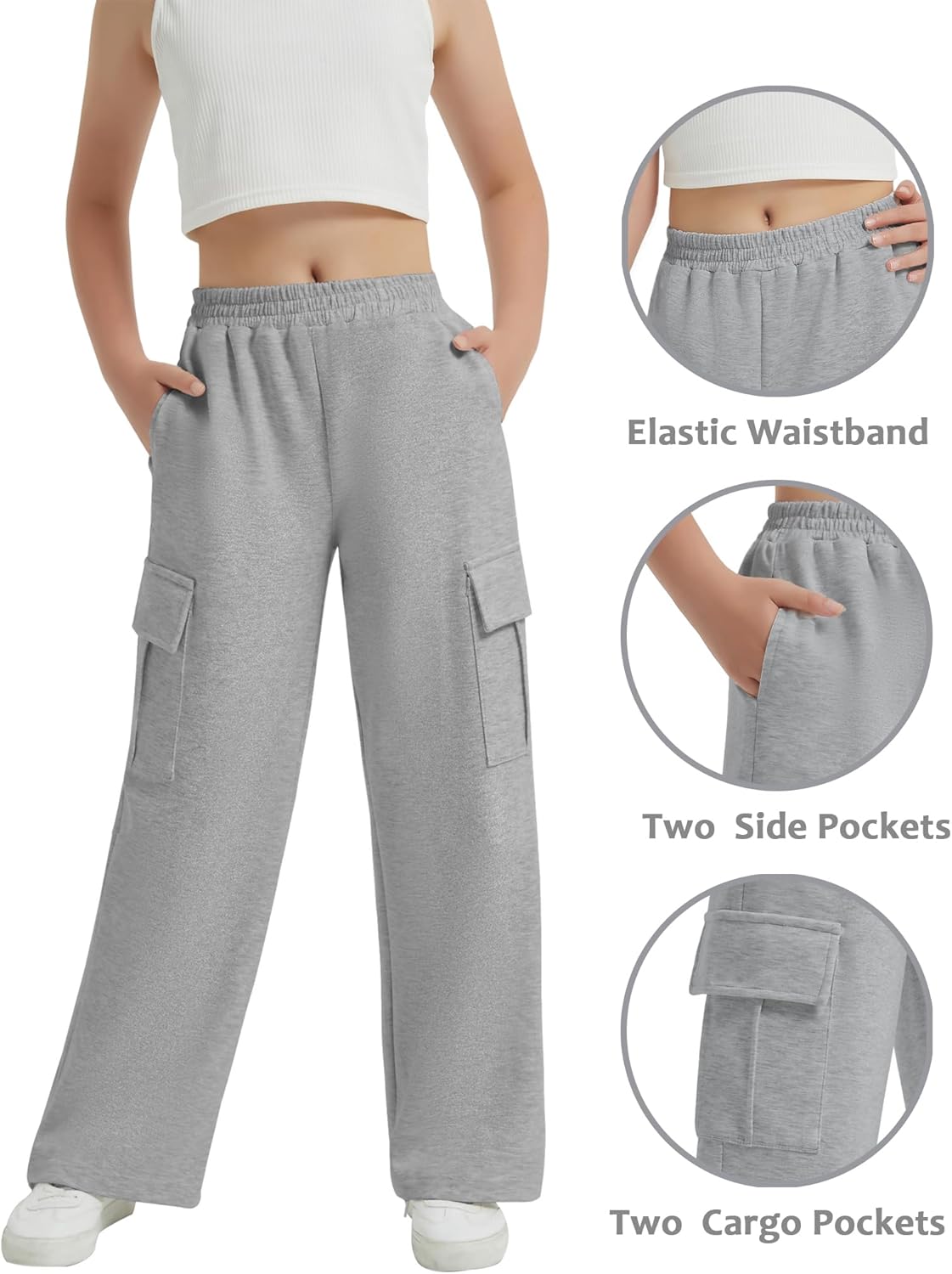 EXARUS Multi-Purpose Cargo Wide Leg Sweatpants for Girls Ages 6-14