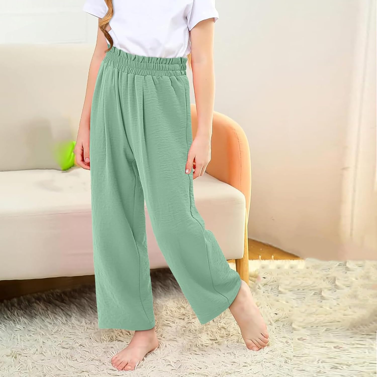 Girls High Elastic Smocked Pants Trendy Casual Flowy Jeans 4-14 Years