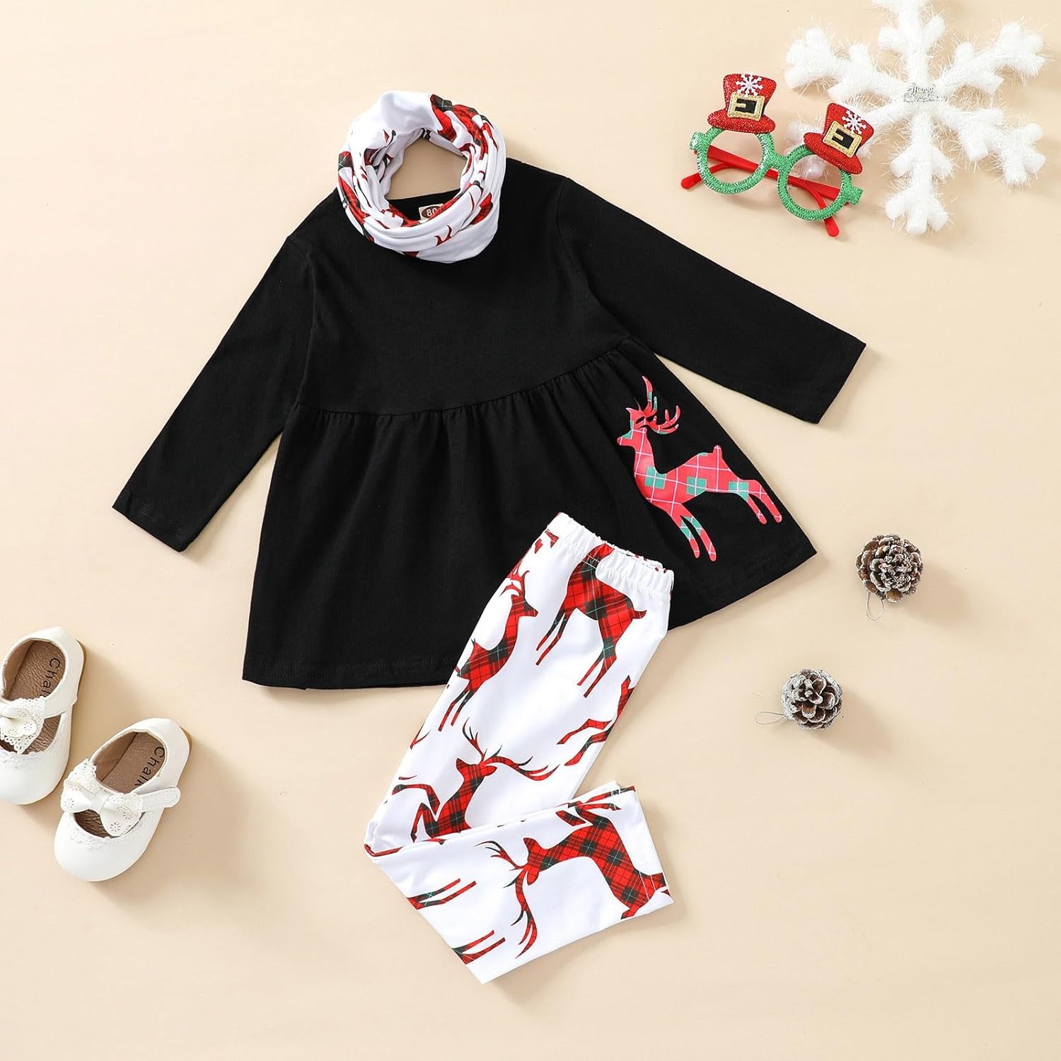 6 Set Toddler Girls Christmas Deer Print Outfit with Scarf