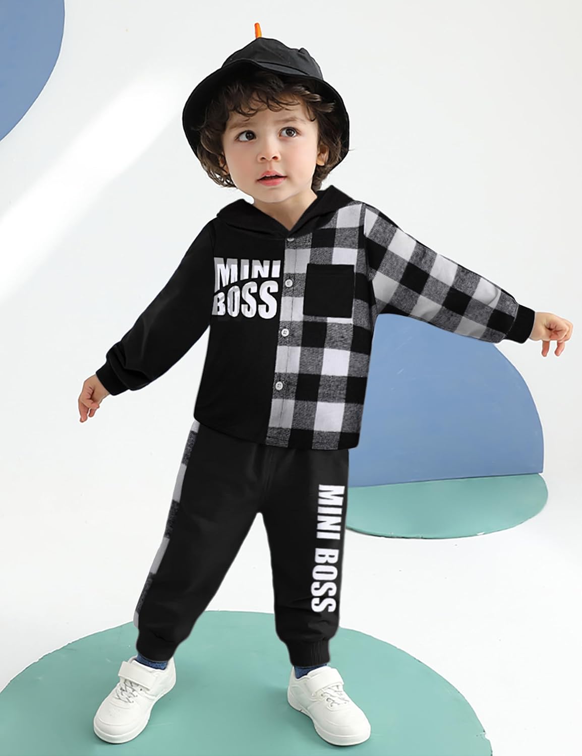 Qaoerde Toddler Boy Plaid Button Down Hoodie Mini Boss Conversational Pajamas