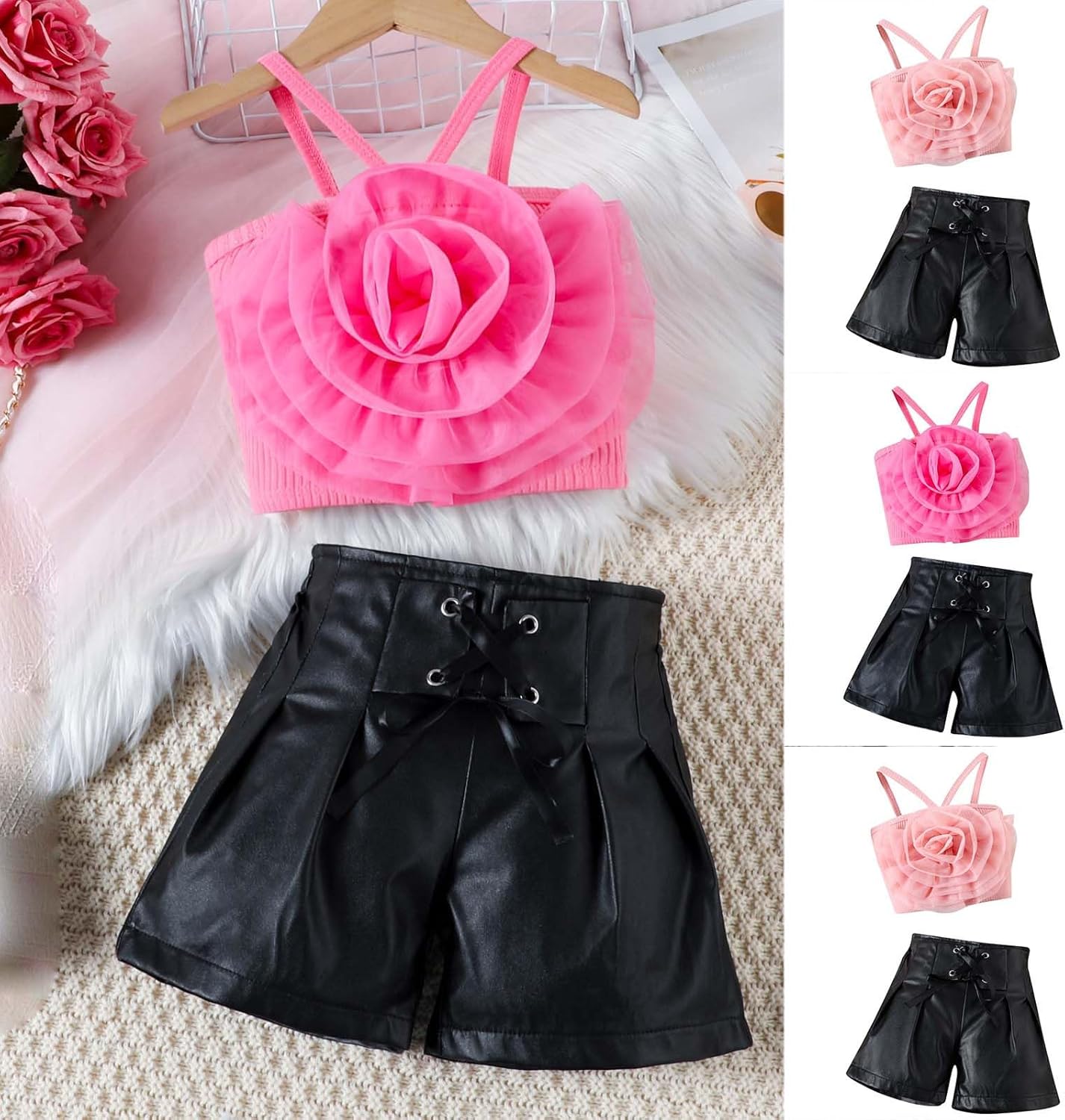 Girls 3D Flower Halter Tank Top Pleated Set for 1-6 Years