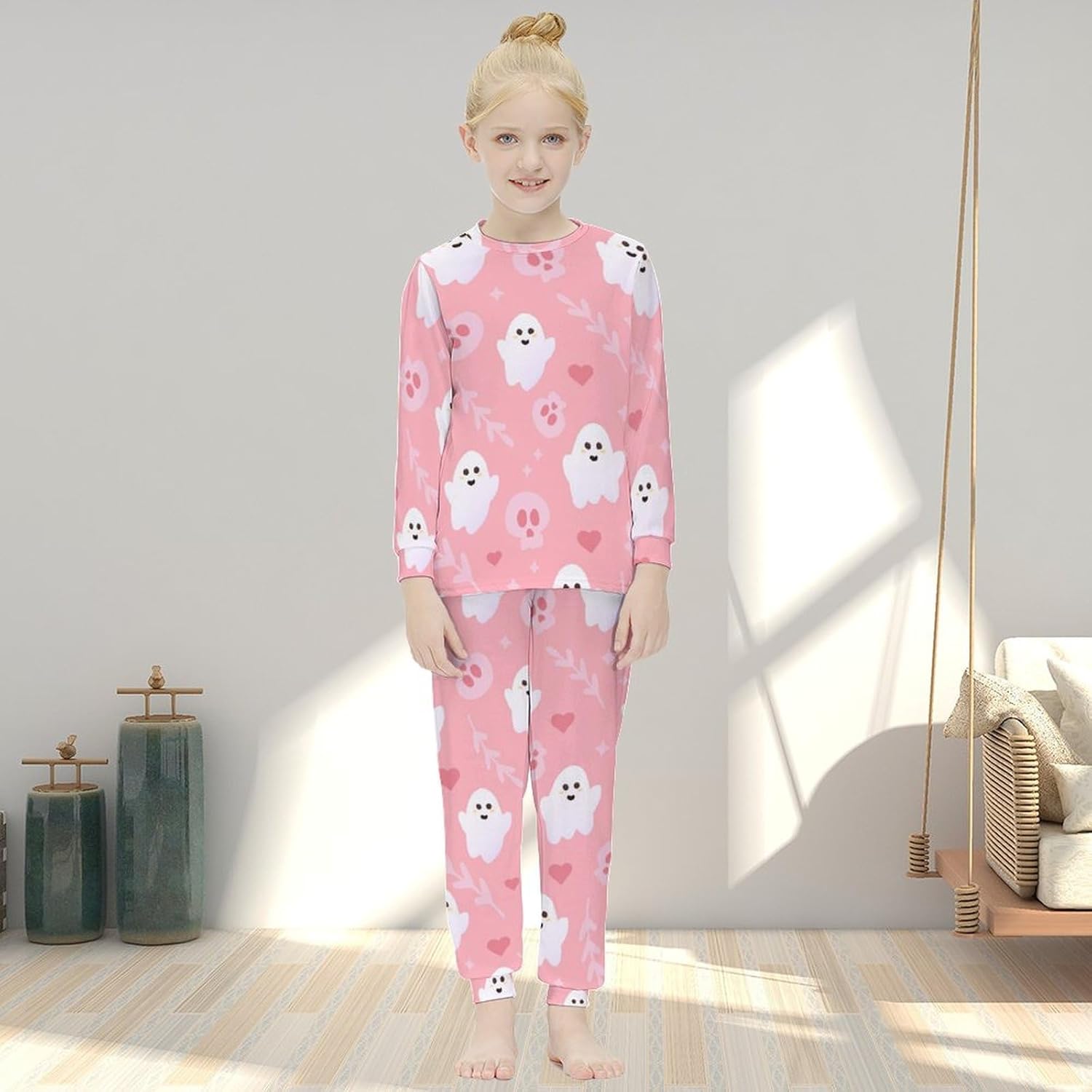 Girls Halloween-Themed Thermal Set Cute Pink Ghost Long Johns Top Set