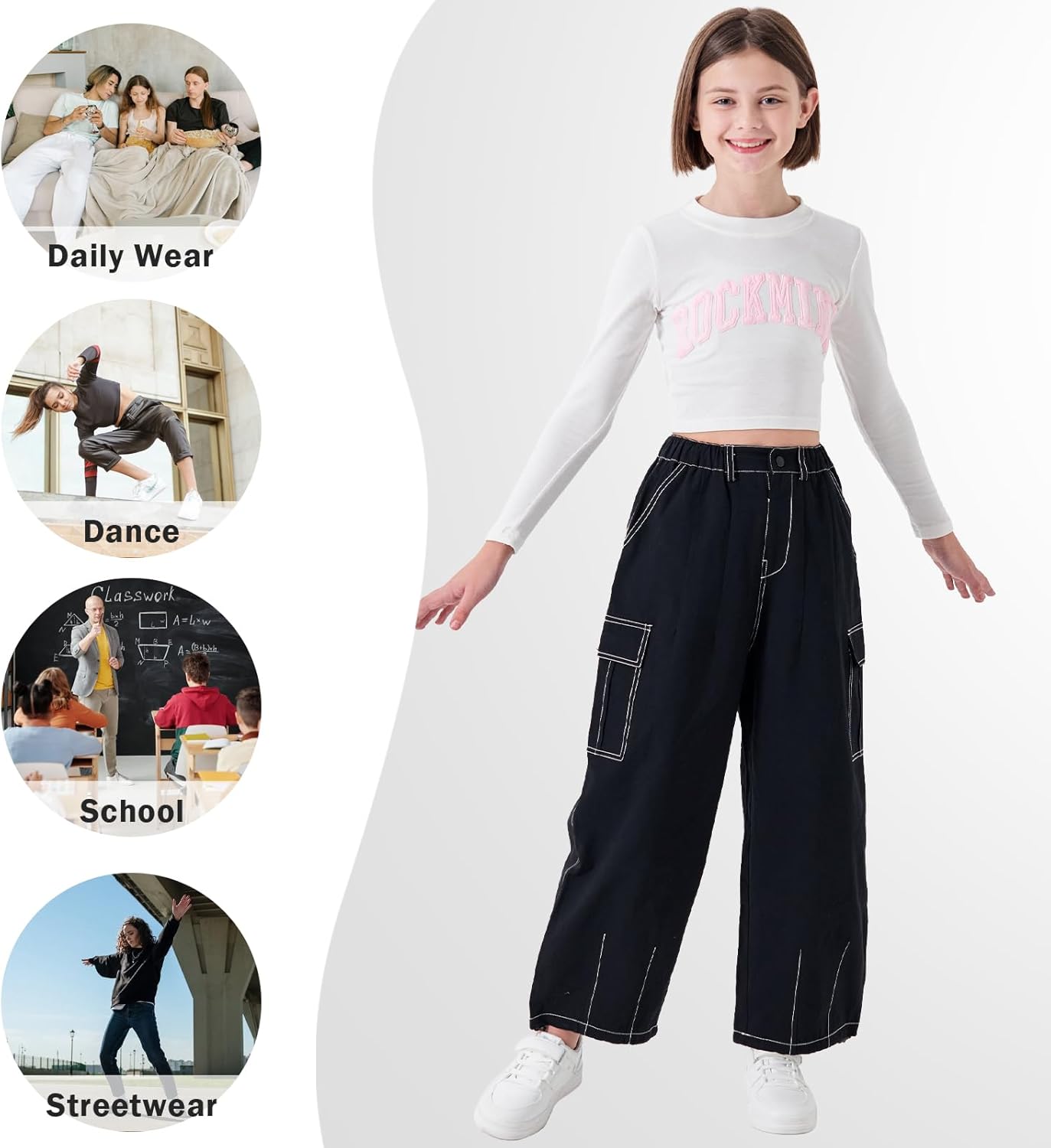 Rolanko Girls Wide Leg Cargo Pants