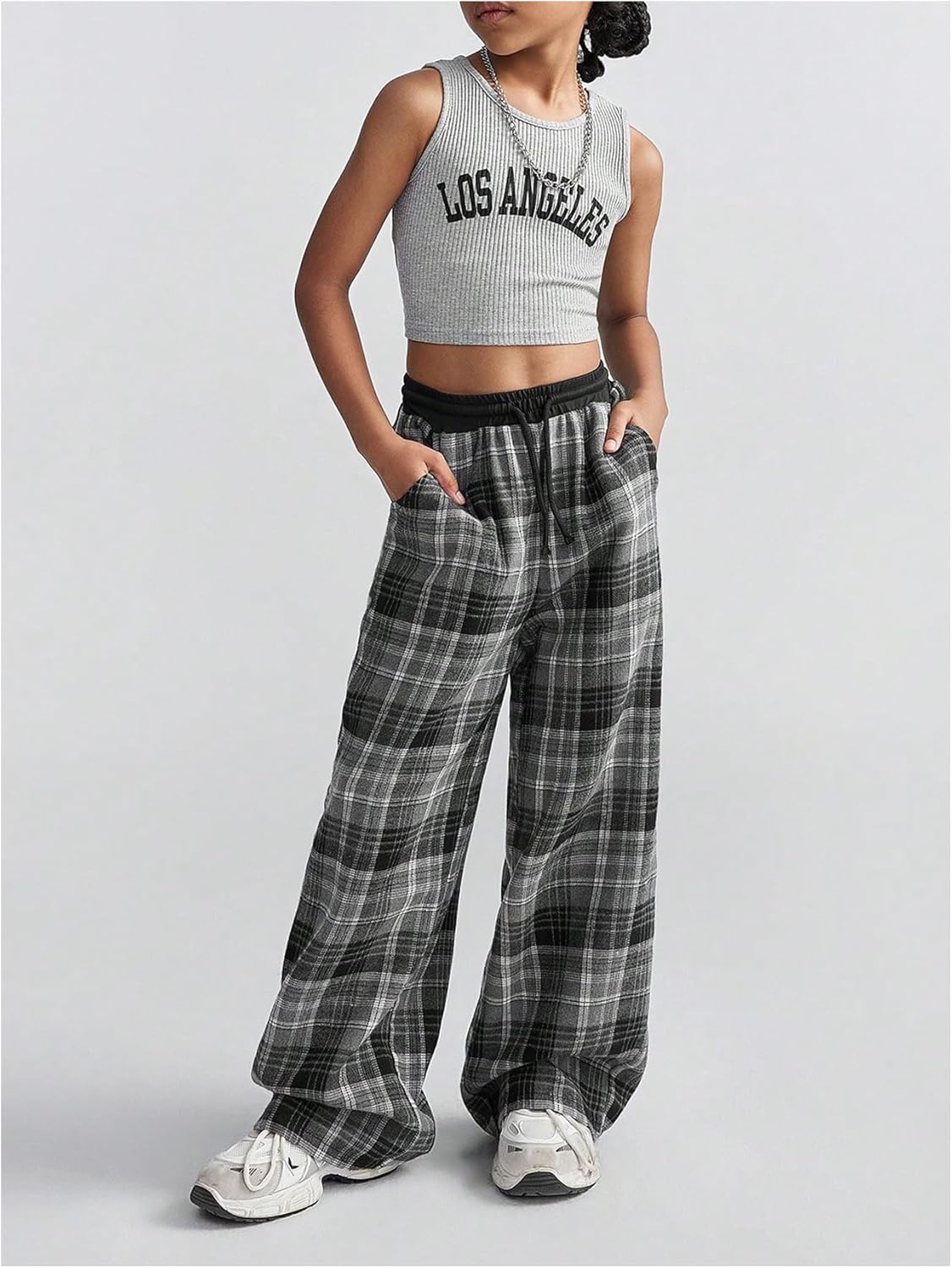 Wide-Leg Plaid Print Pants for Girls - Chic comfy for weekends
