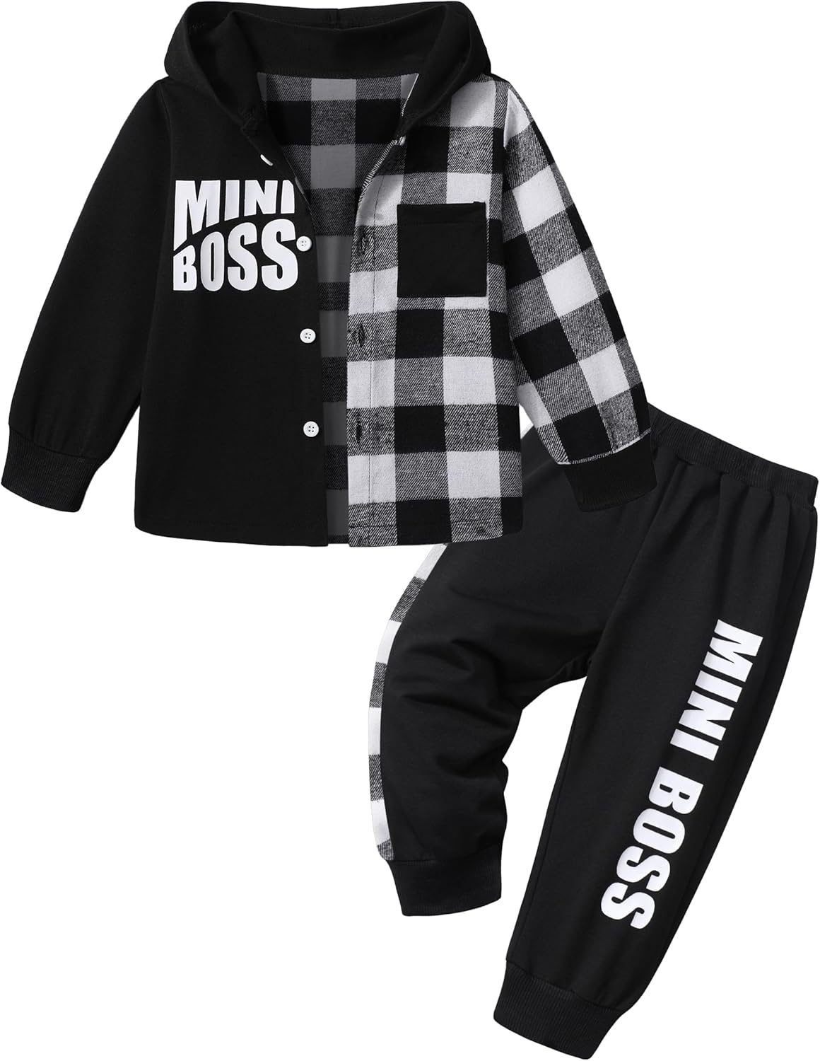Qaoerde Toddler Boy Plaid Button Down Hoodie Mini Boss Conversational Pajamas