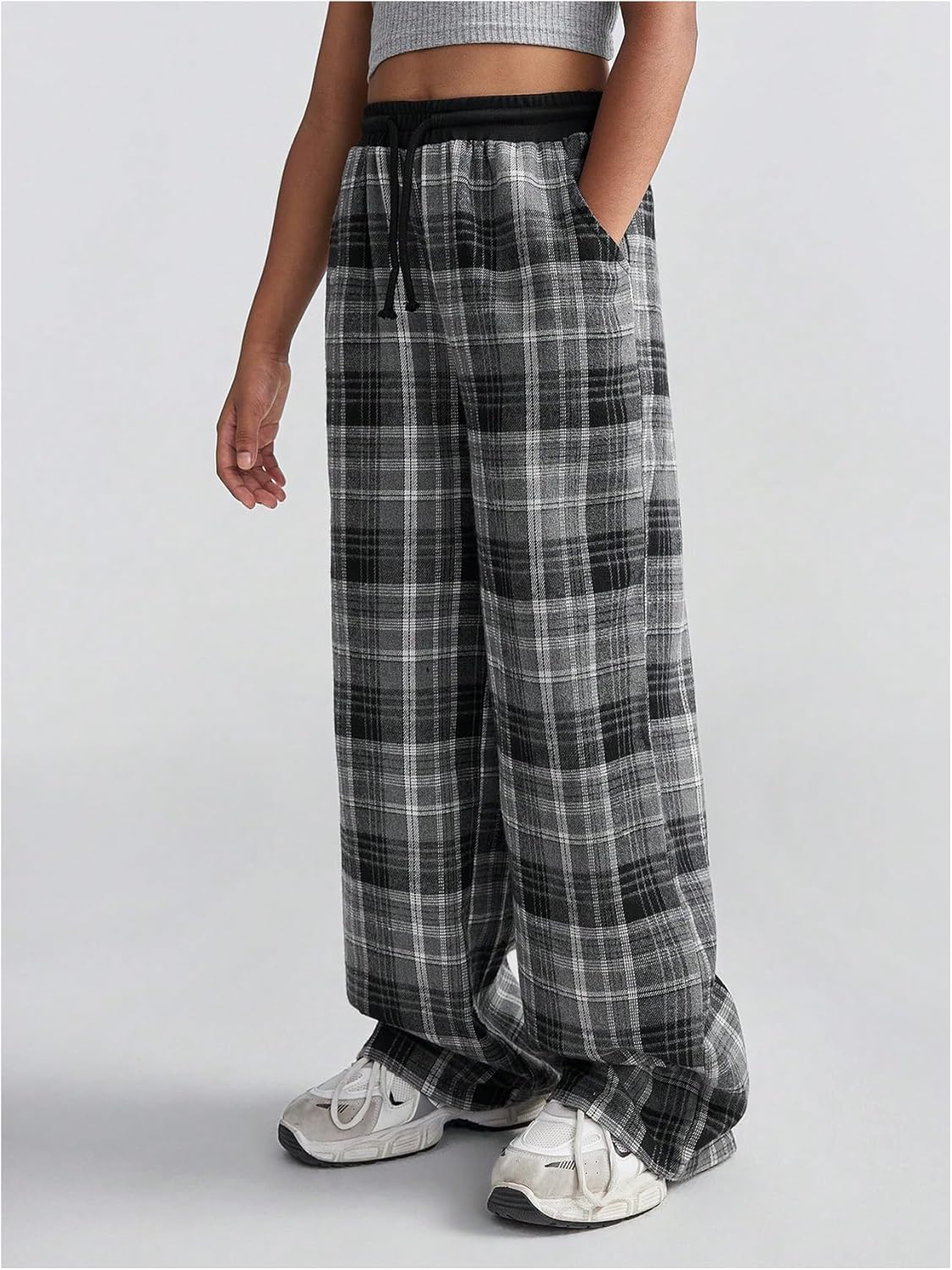 Wide-Leg Plaid Print Pants for Girls - Chic comfy for weekends