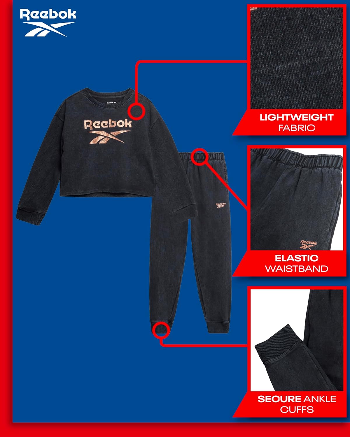 Reebok Girls Sweatsuit Set - 2 Piece Fleece Hoodie Jogger