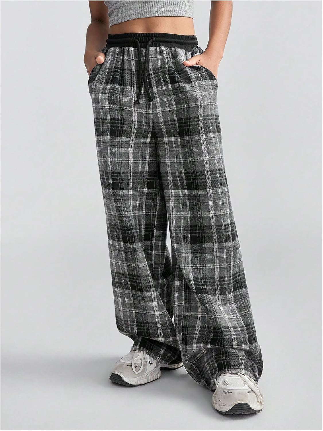 Wide-Leg Plaid Print Pants for Girls - Chic comfy for weekends