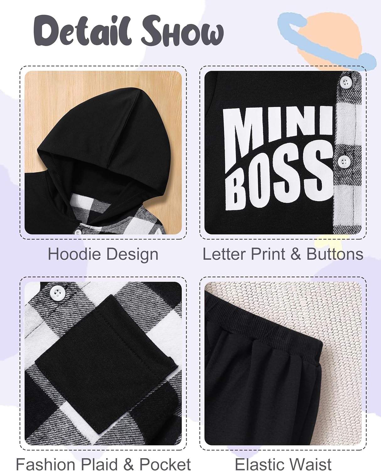 Qaoerde Toddler Boy Plaid Button Down Hoodie Mini Boss Conversational Pajamas