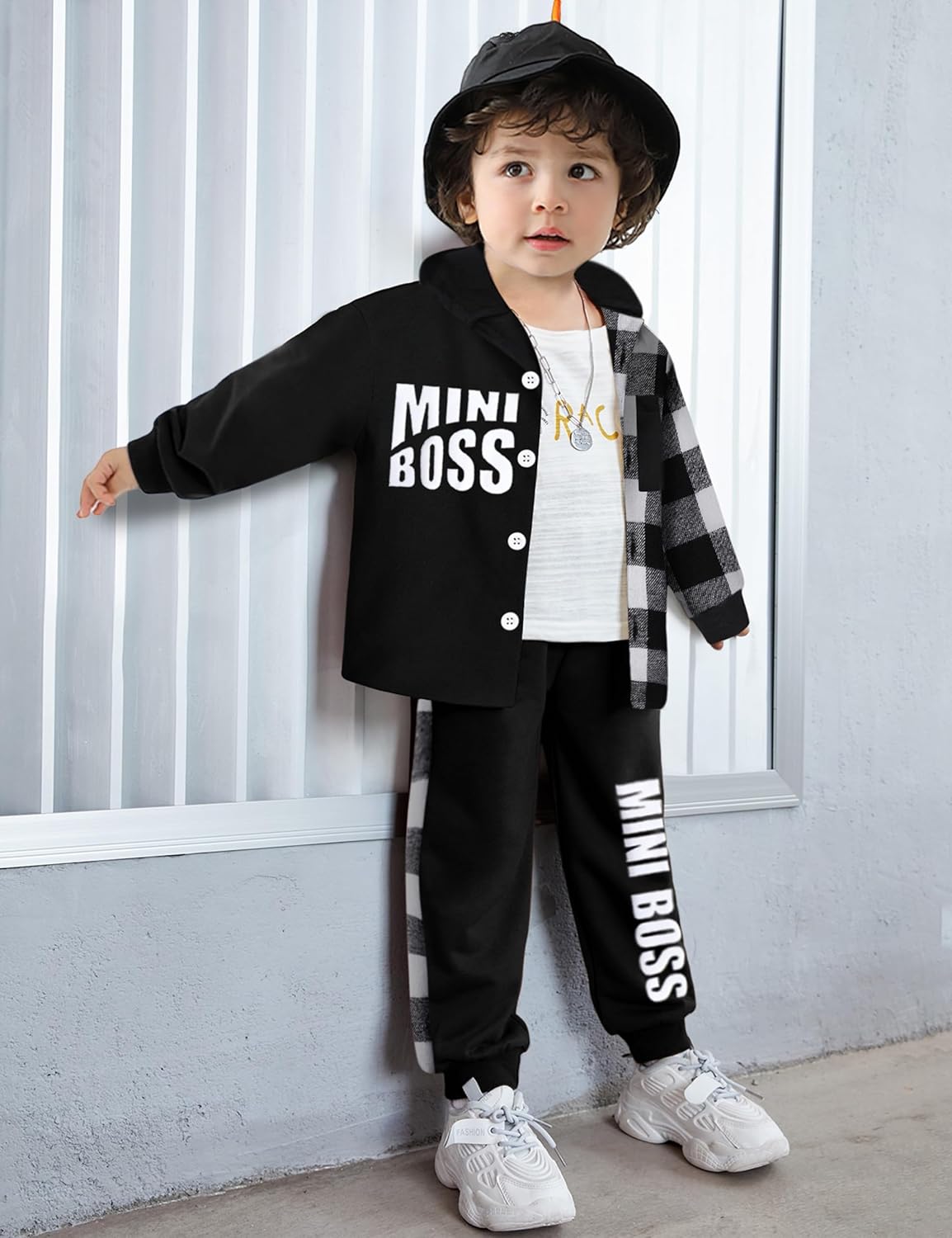 Qaoerde Toddler Boy Plaid Button Down Hoodie Mini Boss Conversational Pajamas
