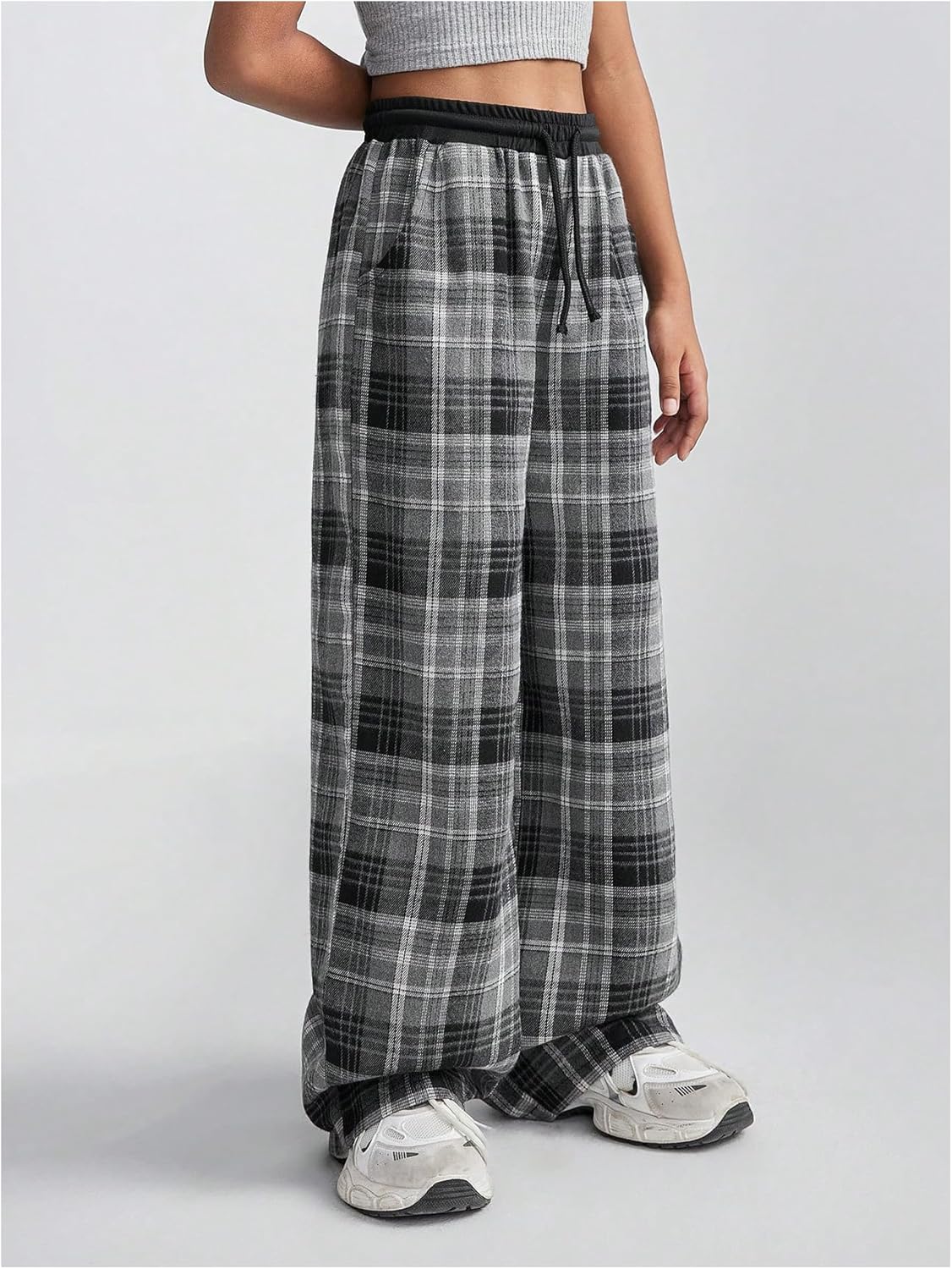 Wide-Leg Plaid Print Pants for Girls - Chic comfy for weekends