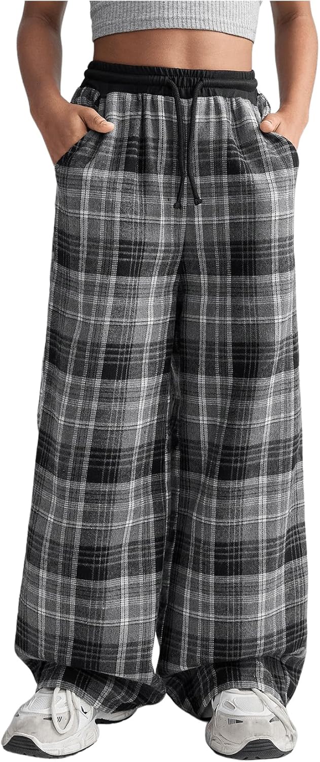 Wide-Leg Plaid Print Pants for Girls - Chic comfy for weekends