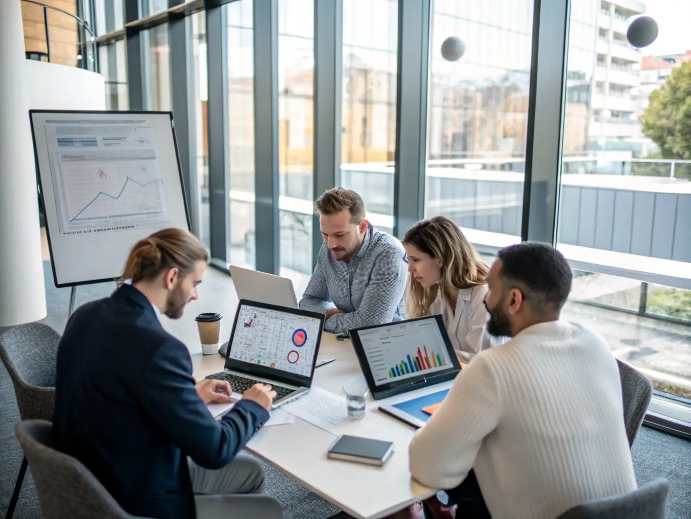 An image depicting a strategic planning session with consultants and clients discussing IT strategies, using visual aids and collaborative tools.