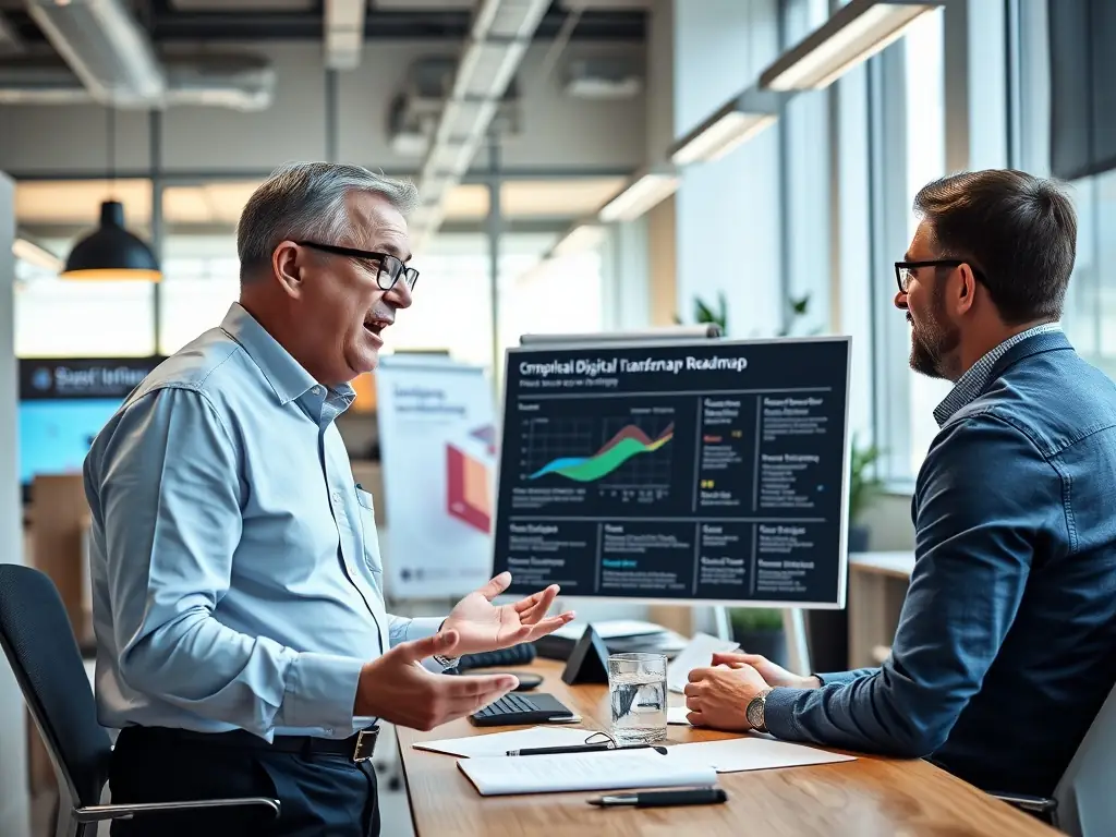 A consultant reviewing a digital transformation roadmap with a client in a modern office setting, emphasizing strategic planning and collaboration.