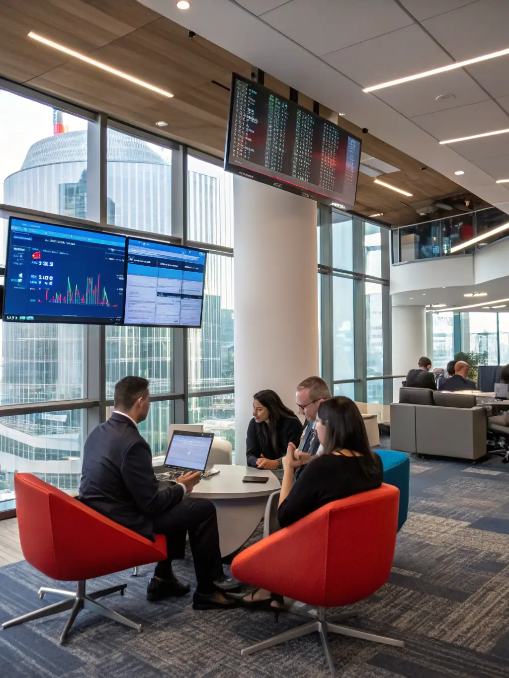 A financial institution with employees working on computers, symbolizing NEUROSYNTH LTD's support in enhancing financial services with technology.