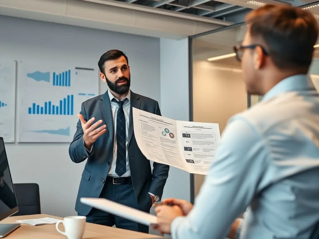 An IT consultant presenting a strategic IT plan on a tablet to a business executive, highlighting key performance indicators and alignment with business goals.