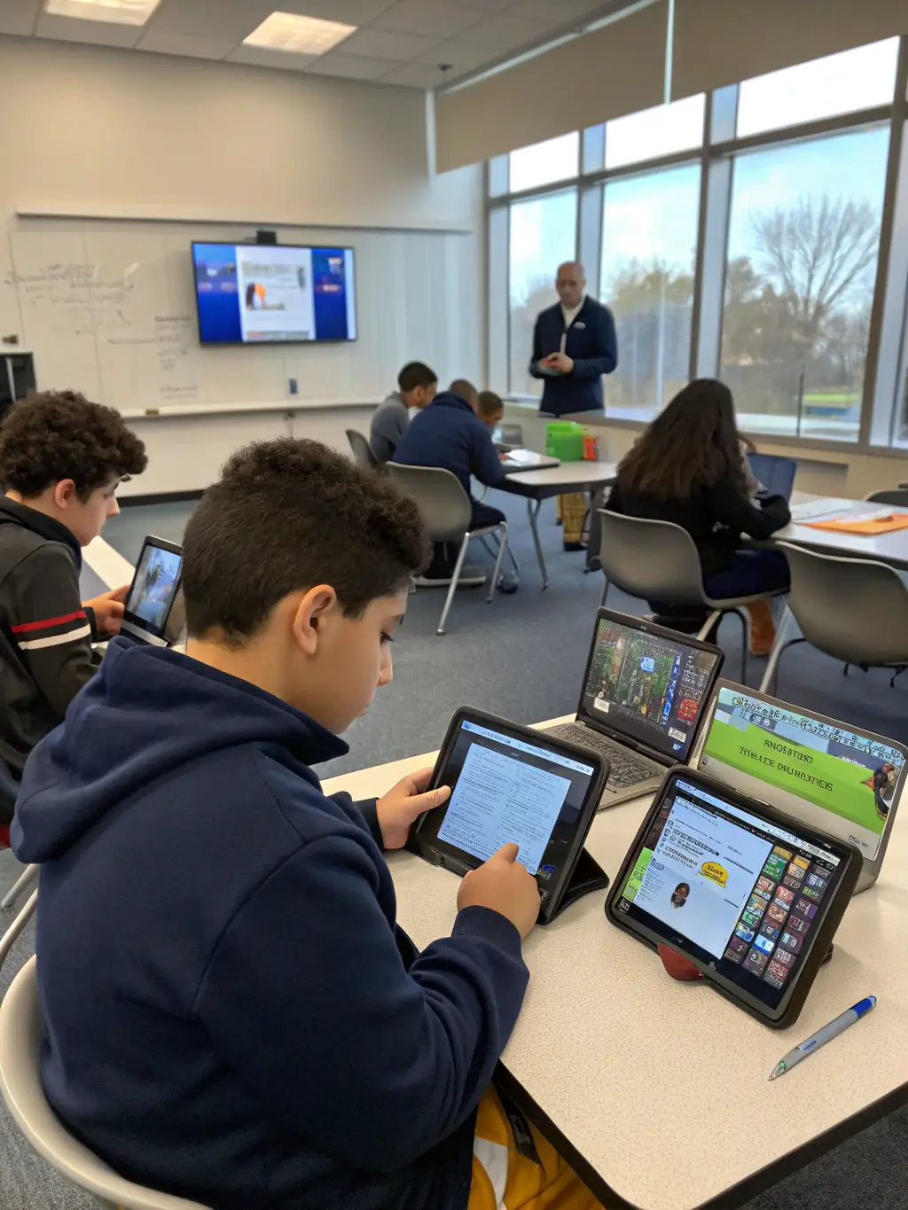 A classroom with students using tablets and interactive whiteboards, representing NEUROSYNTH LTD's contribution to modernizing education through technology.